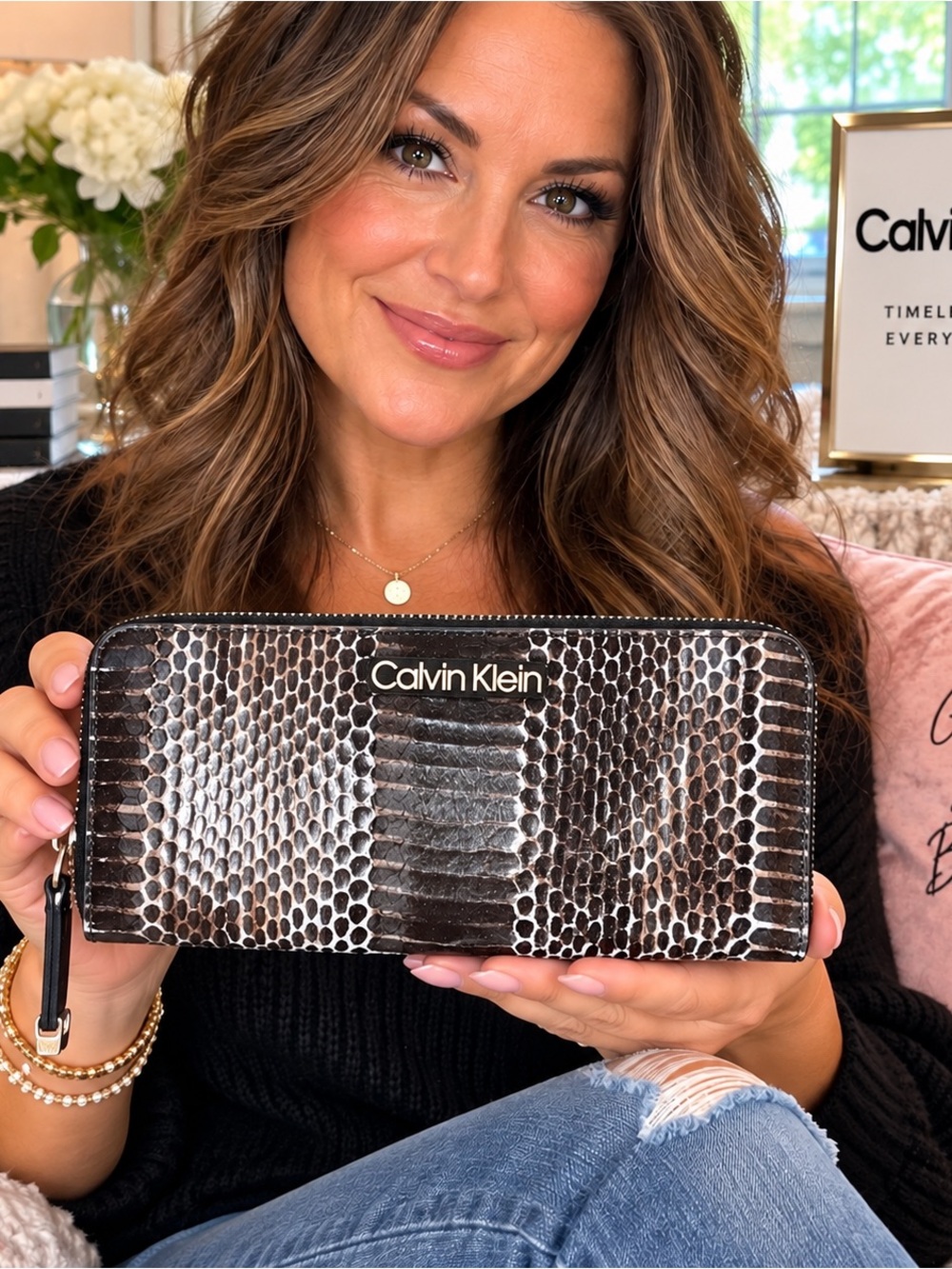 Calvin Klein Brown and Black Snake-Print Zip Wallet